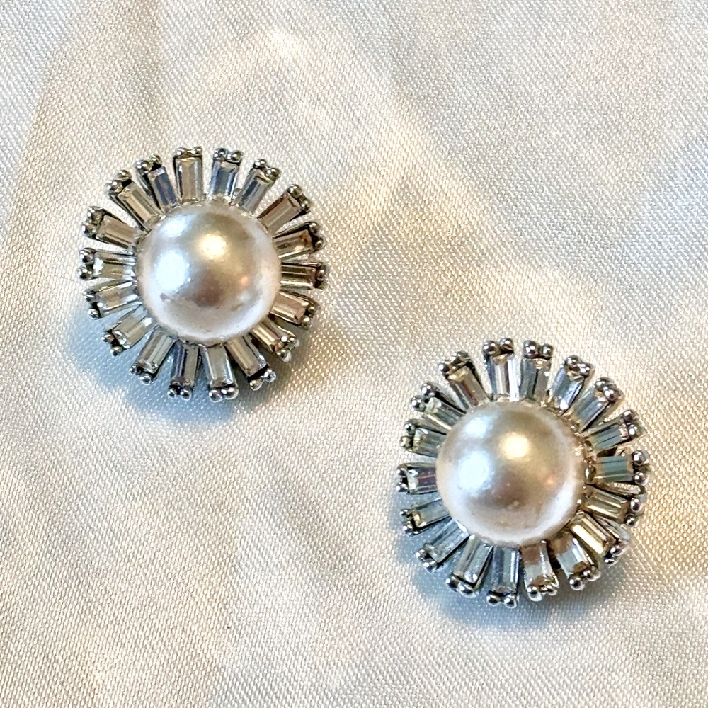 Vintage Costume Large Pearl Earrings, with zirconia crystals.circa 2000